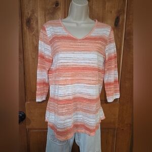 Women's Coral & White Striped V-Neck 3/4 Sleeve Tee
